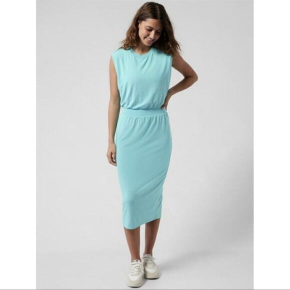 NWT Athleta Santorini Cinch Midi Dress Gulf Green L - Picture 1 of 4